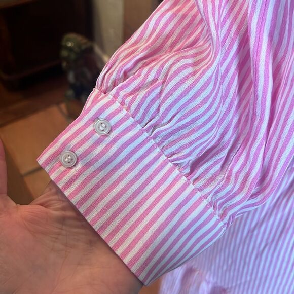 A Loves A Pinstripe Pink and White Striped Tiered Midi Shirt Dress, size L - Picture 6 of 10